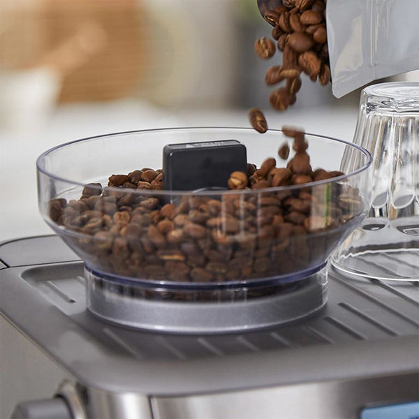 Closeup of the Breville Barista Pro Bean Hopper