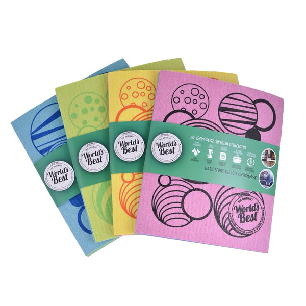 A selection of 4 World's Best swedish dishcloths in blue, green, yellow and pink.