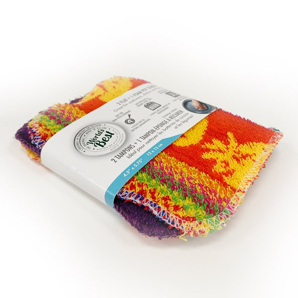 A set of 3 World's Best Foam Pot Scrubbers, in bright patterns and colours.