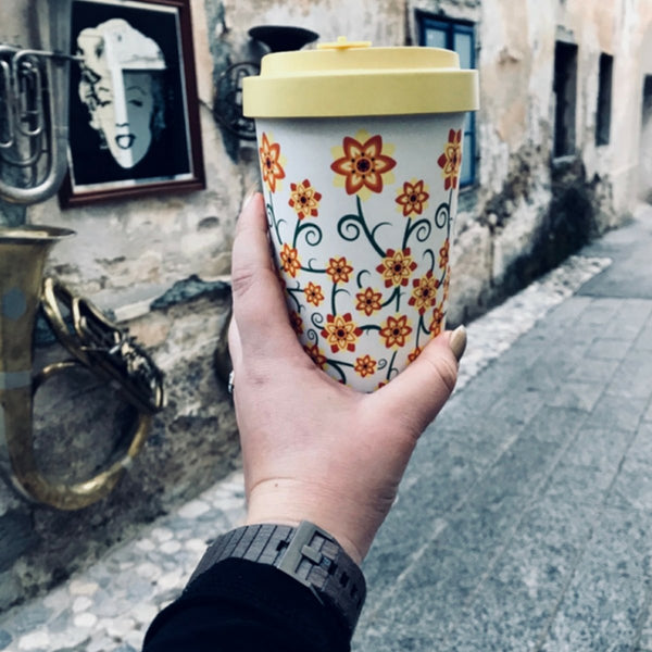 Woodway Bamboo Cup 500ml, Bouquet of Yellow Flowers
