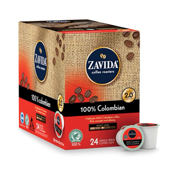 A box of Zavida 100% Colombian single serve coffee k-cups.