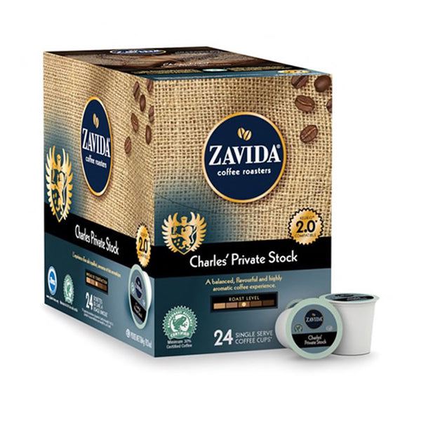 A box of Charles' Private Stock single serve coffee k-cups.