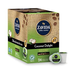 Box of Zavida Coconut Delight Coconut Flavoured Single Serve Coffee K-cups.