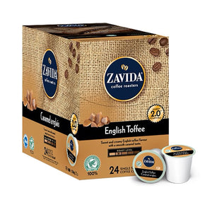 Box of Zavida English Toffee Single Serve Coffee K-Cups.