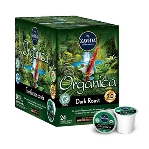 Box of Zavida Organica Dark Roast Single Serve Coffee K-Cups.