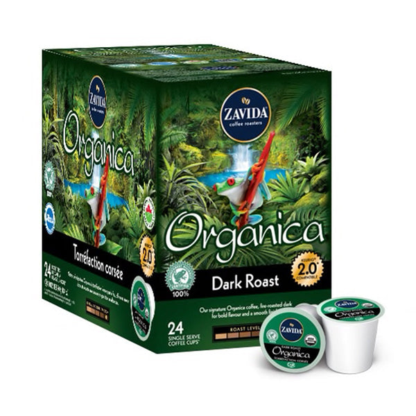 Box of Zavida Organica Dark Roast Single Serve Coffee K-Cups.