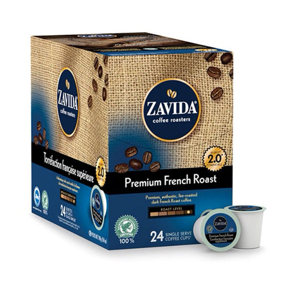 Box of Zavida Premium French Roast Single Serve Coffee K-Cups.