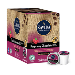 Box of Zavida Raspberry Chocolate Single Serve Coffee K-Cups.
