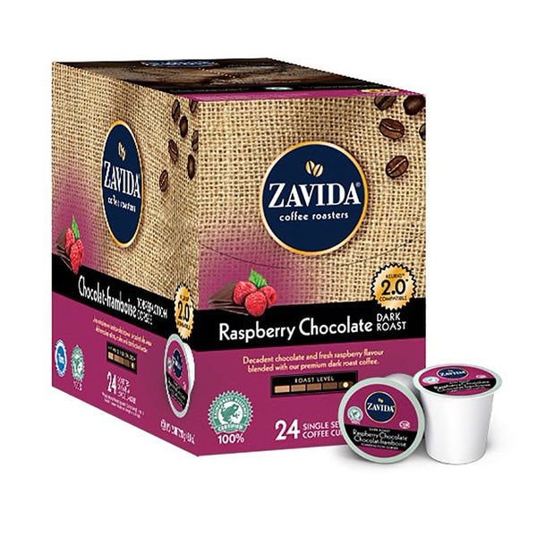 Box of Zavida Raspberry Chocolate Single Serve Coffee K-Cups.