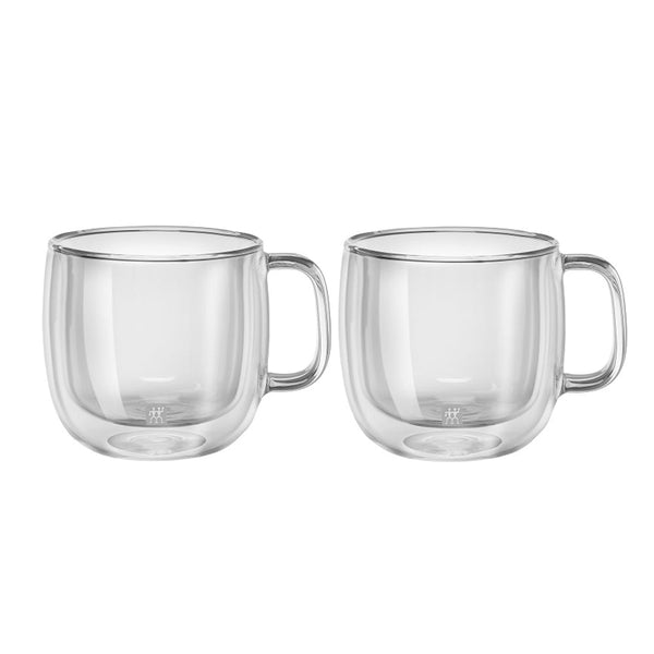 A set of 2 double walled 15 ounce clear glass cappuccino glasses with handle, and the Zwilling logo printed on the front.