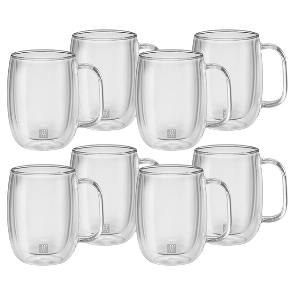 A set of 8 double walled glass 12 ounce coffee mugs with handles, with a small Zwilling logo printed on the front