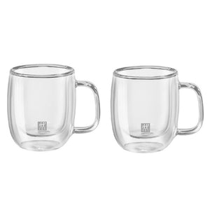 A set of 2 small double walled 4.5 ounce espresso mugs with handles, with the Zwilling logo printed on the front.